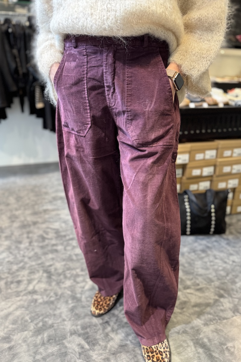 PANTALON BARREL VELOURS BORDEAU H25